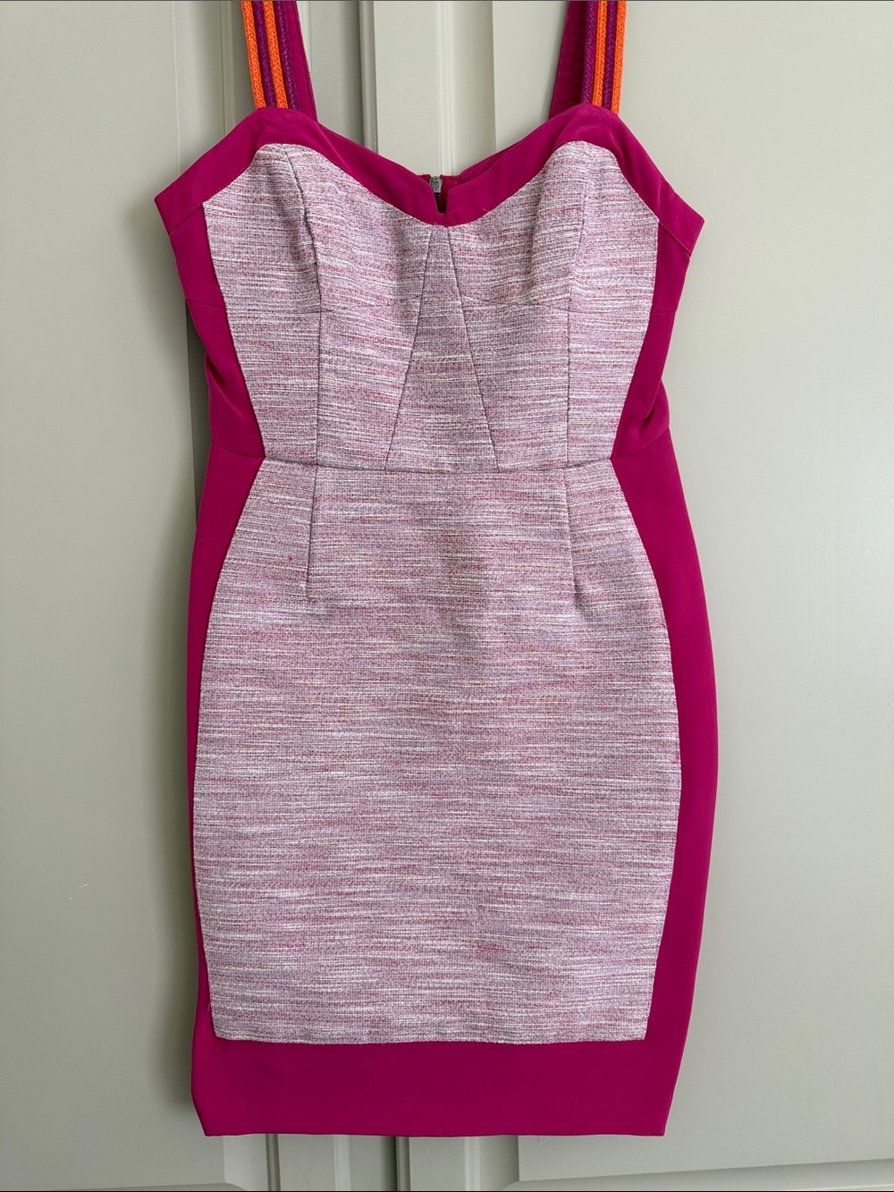 Madison Marcus Small Fuchsia Sheath Dress with Pink Tweed Panel & Striped Straps - Picture 6 of 9